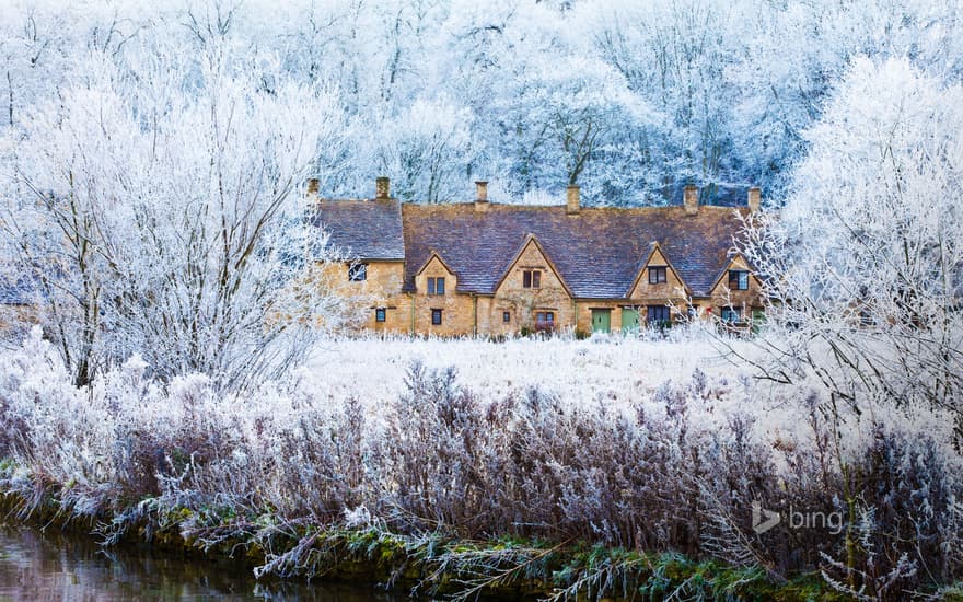 Houses beside the River Coln in Bibury, Gloucestershire