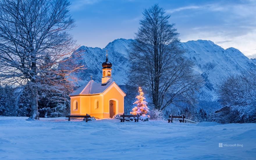 Maria Rast chapel near Krün in Bavaria with the Wetterstein Mountains in the background