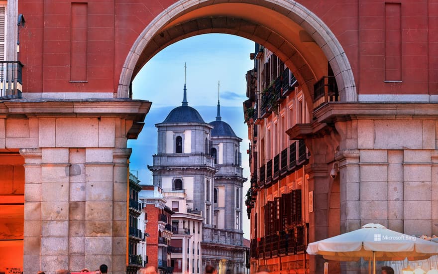 Collegiate Church of San Isidro from the Plaza Mayor in Madrid, Spain