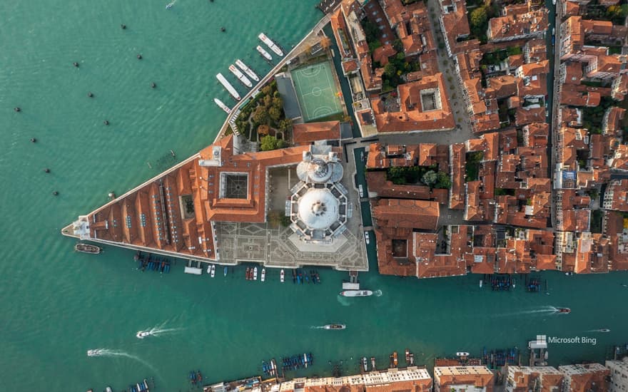 Aerial view of the Grand Canal and the Basilica di Santa Maria della Salute, Venice, Italy