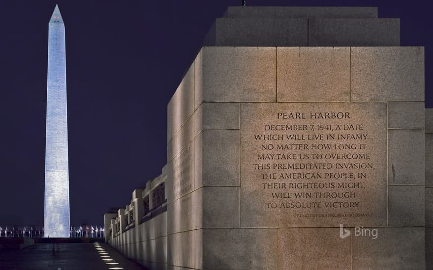 View of the Washington Monument and the National World War II Memorial with its Pearl Harbor Dedication, Washington, DC