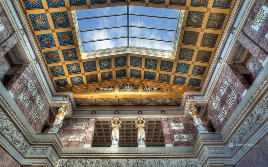 Interior view of the Walhalla with the caryatids on the gallery, Donaustauf, Bavaria